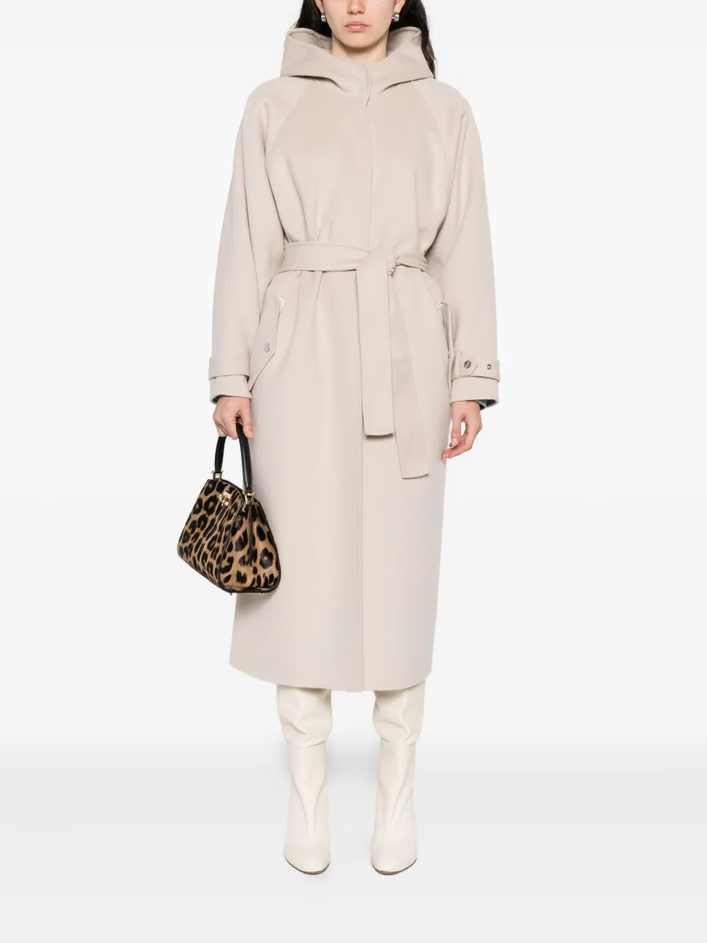 Pinko Hooded Belted Coat In Neutral