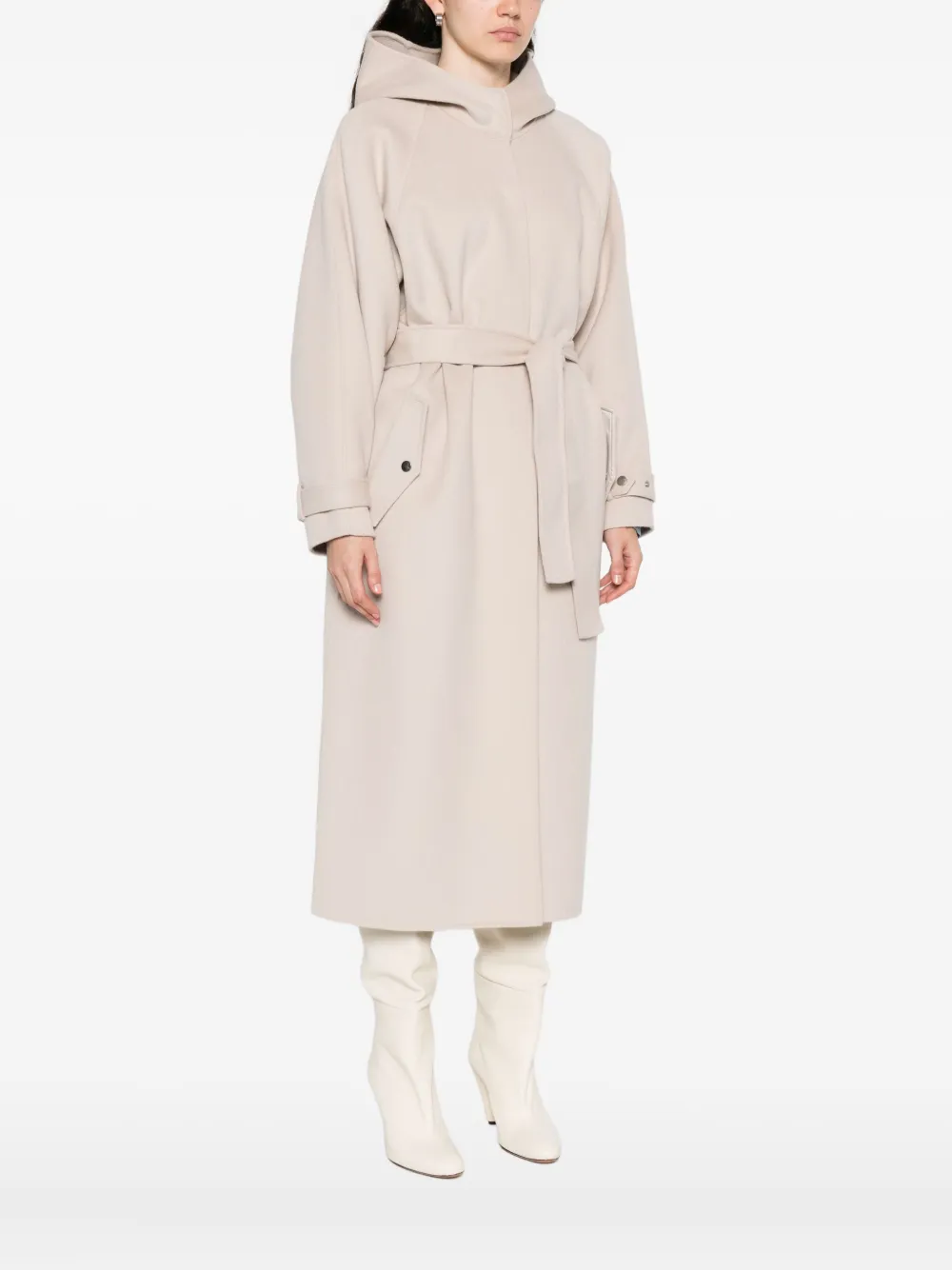 Pinko Hooded Belted Coat In Neutral