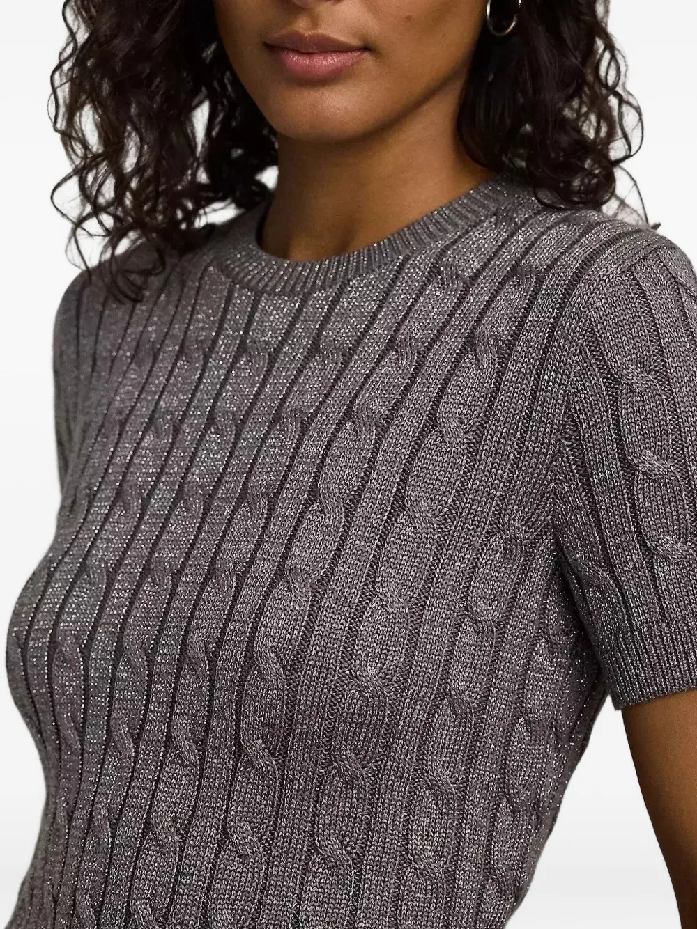 Ralph Lauren Cable Knit Short-sleeve Sweater In Gray