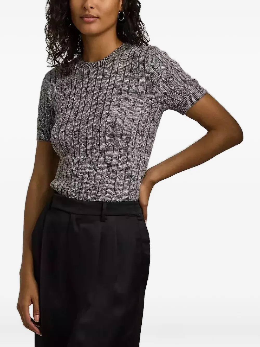 Ralph Lauren Cable Knit Short-sleeve Sweater In Gray