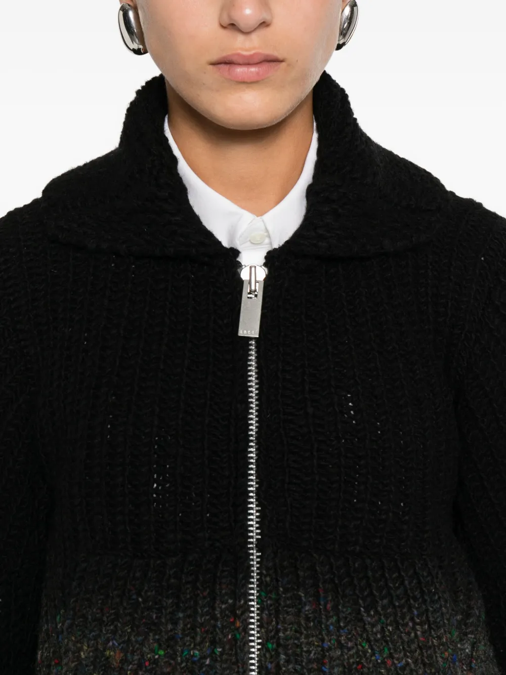 Sacai Zip-front Speckled Cardigan In Black