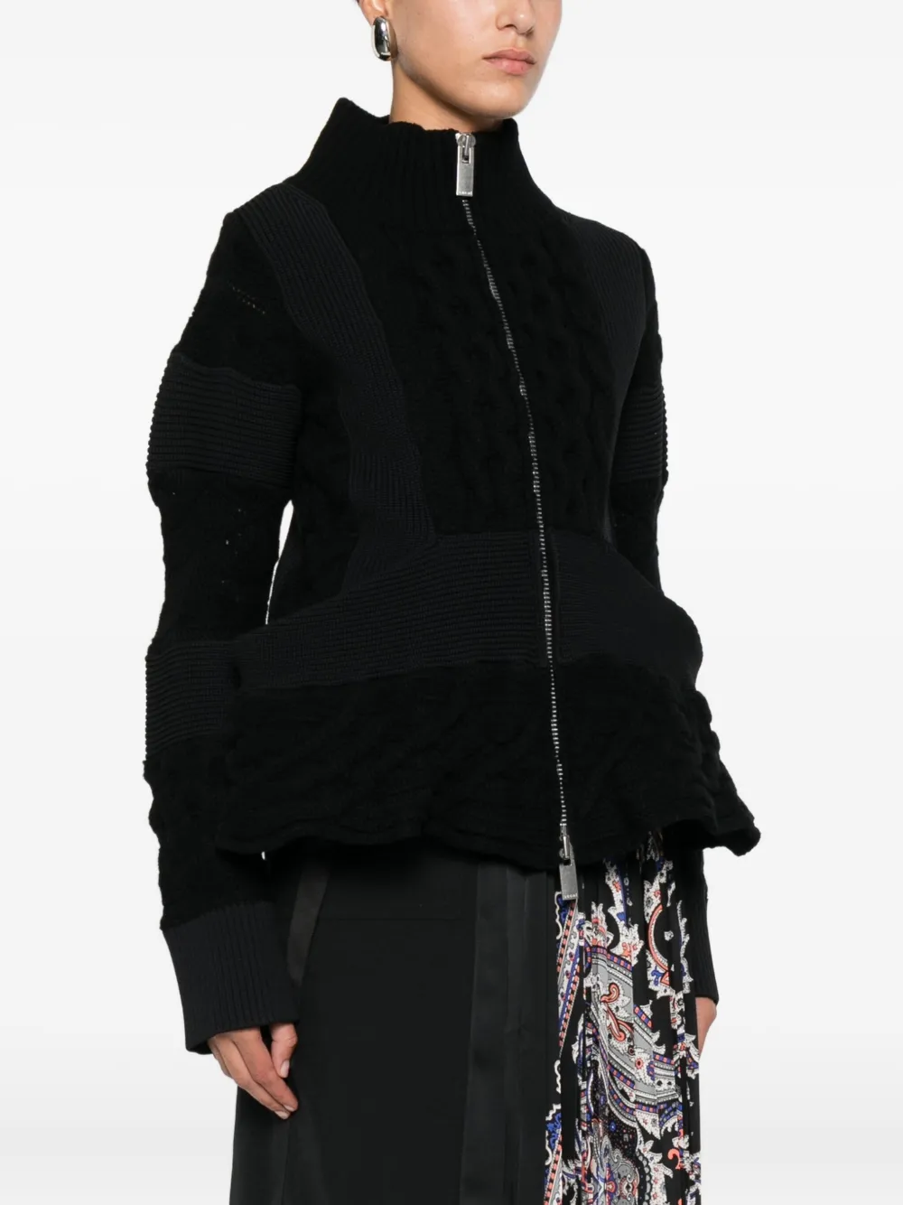 Sacai Cable-knit Zip-front Cardigan In Black
