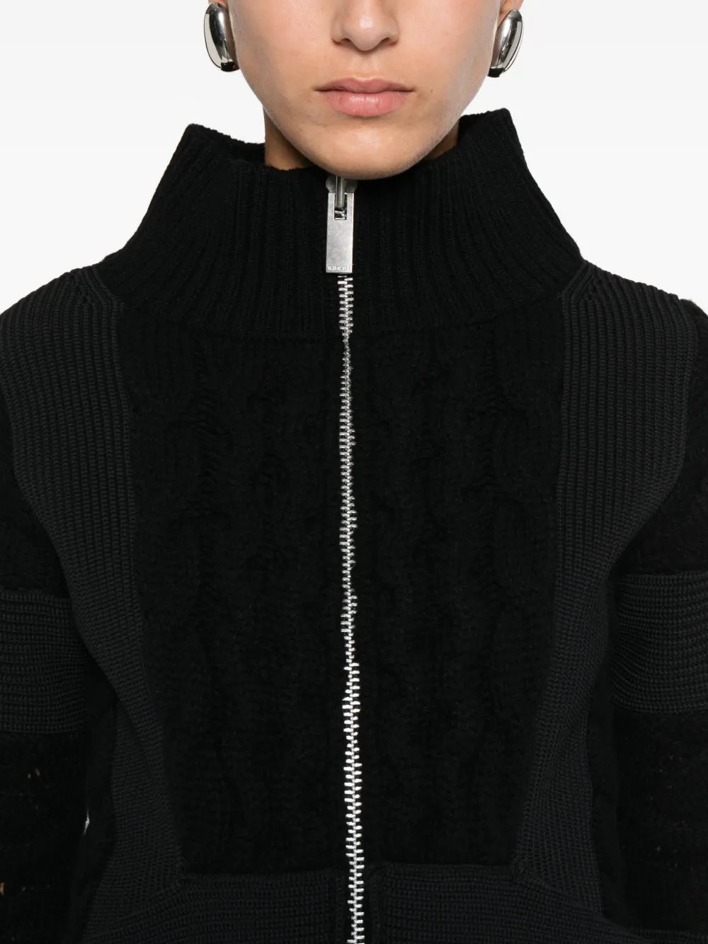 Sacai Cable-knit Zip-front Cardigan In Black
