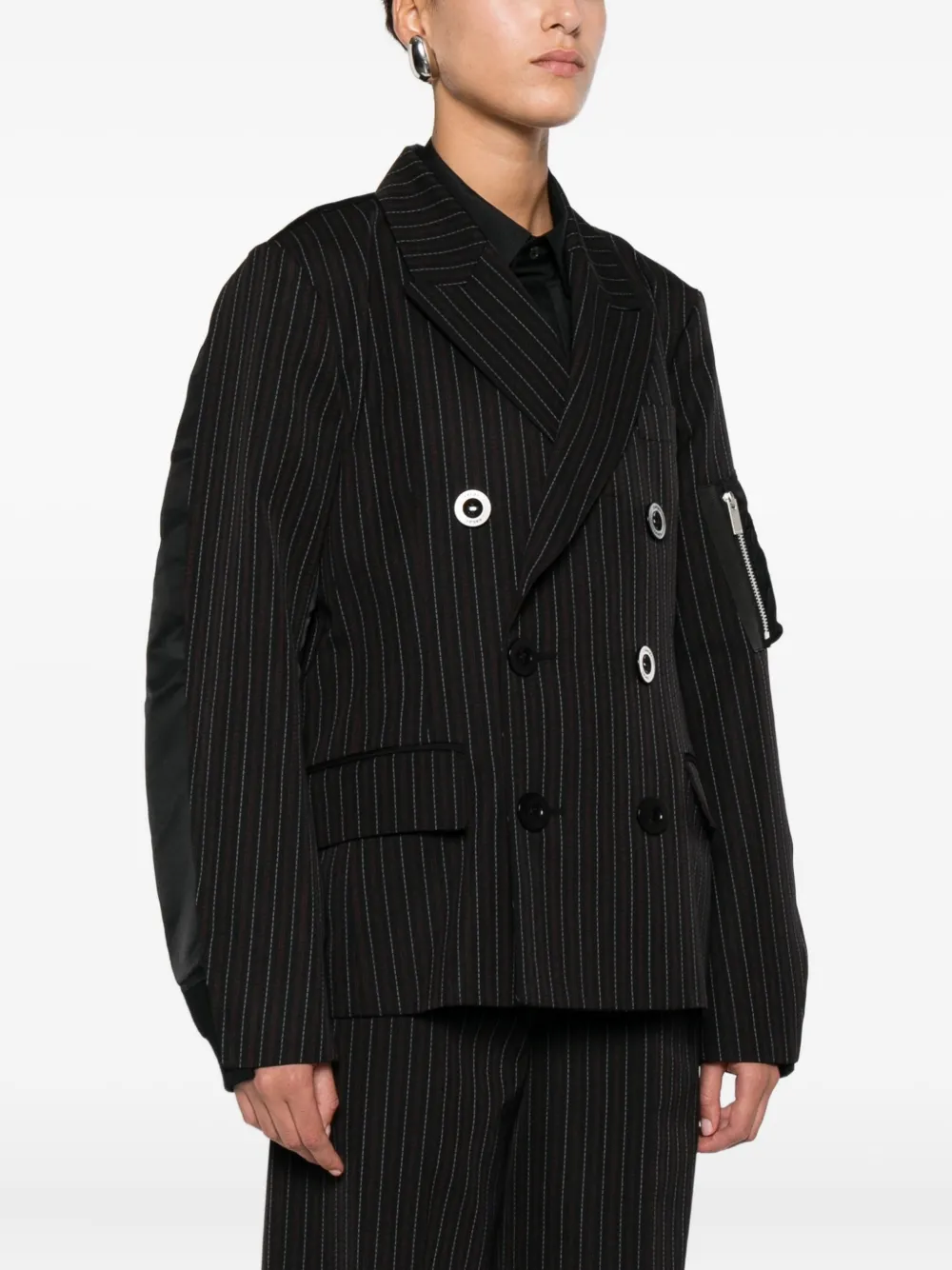 Sacai Contrast Balloon Double Breasted Stripe Jacket In Black Stripe In Black