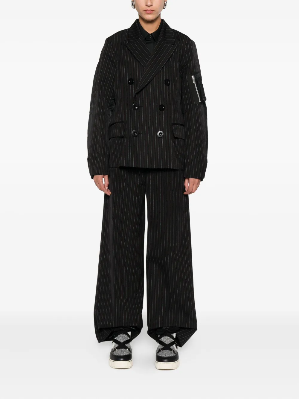 Sacai Contrast Balloon Double Breasted Stripe Jacket In Black Stripe In Black