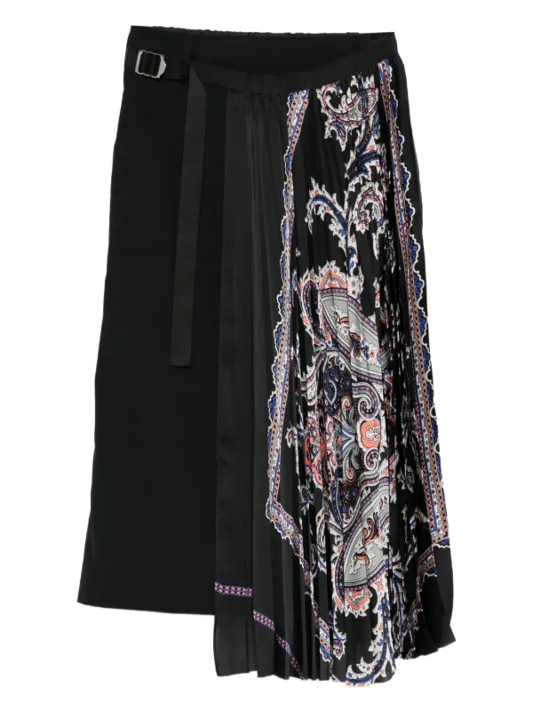 Sacai Pleated Paisley-print Skirt in Black