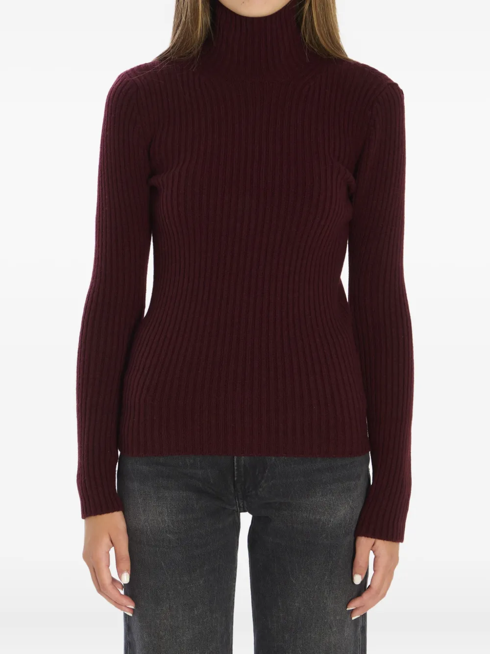 Max Mara Wool And Cashmere High Neck Knit Top In Burgundy