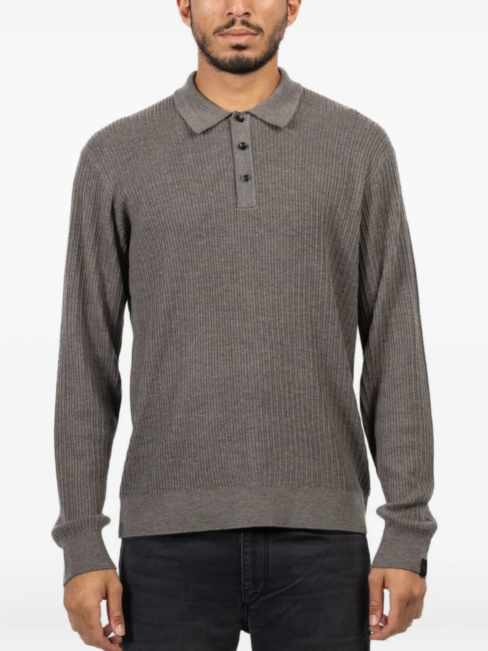 rag & bone Crawford ribbed long-sleeve polo shirt | Brown | Image 1