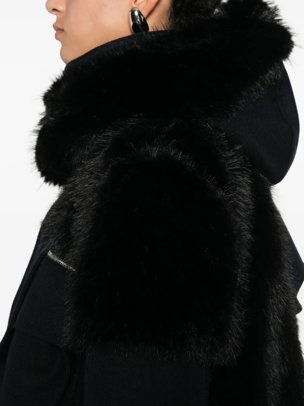 Sacai Faux-fur Trimmed Hooded Jacket In Black