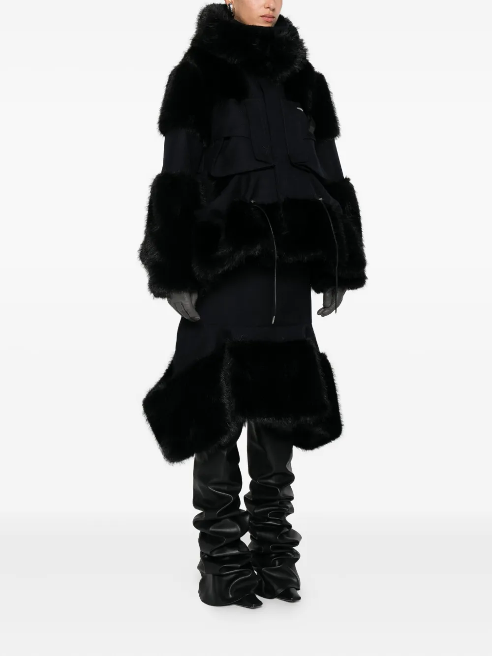 Sacai Faux-fur Trimmed Hooded Jacket In Black