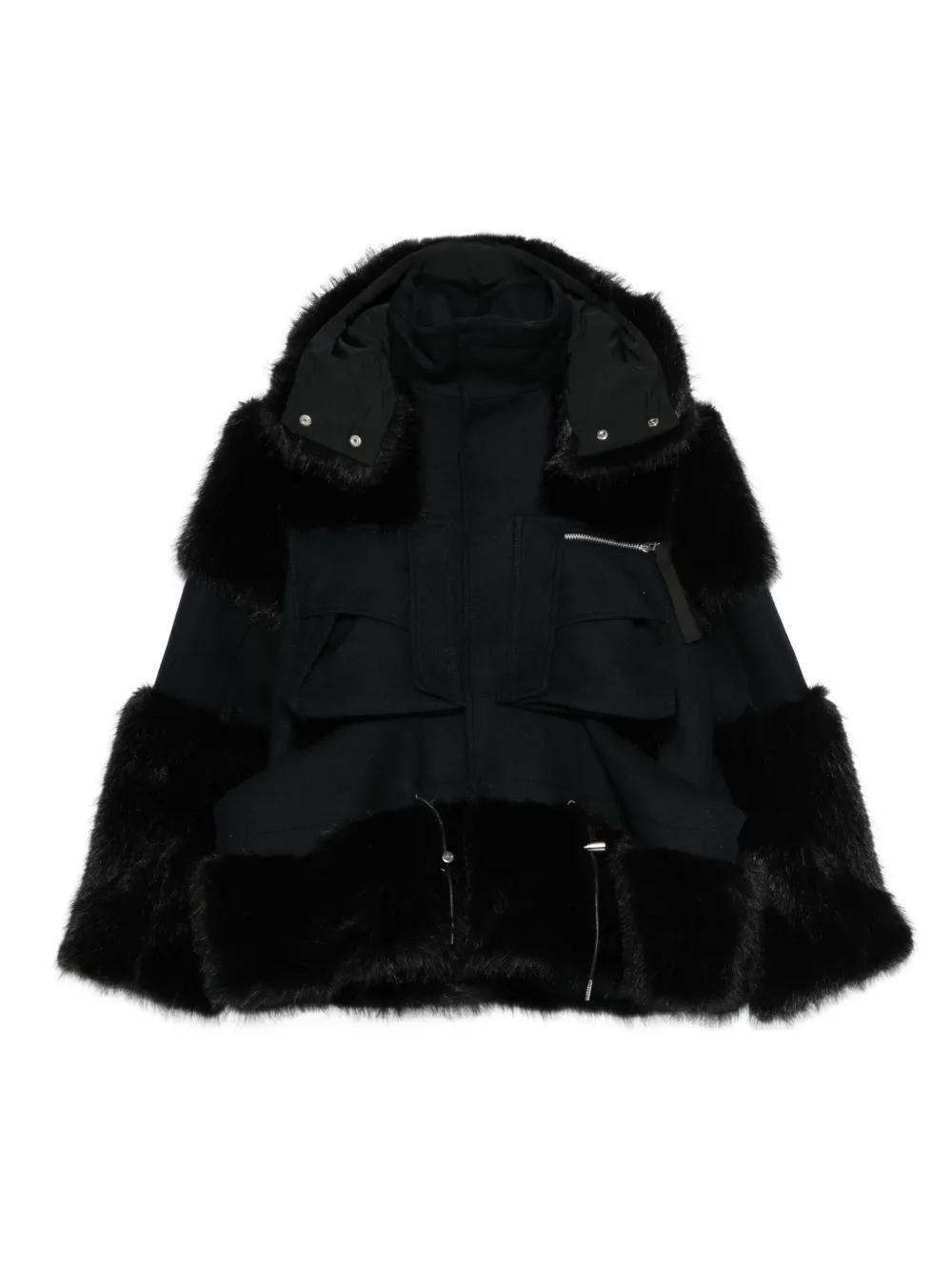 sacai faux-fur trimmed hooded jacket | Black | Image 1
