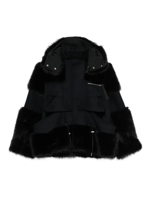 sacai faux-fur trimmed hooded jacket