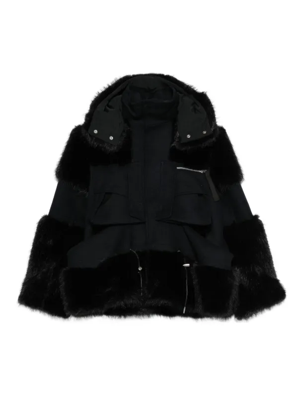 Sacai Faux-fur Trimmed Hooded Jacket in Black