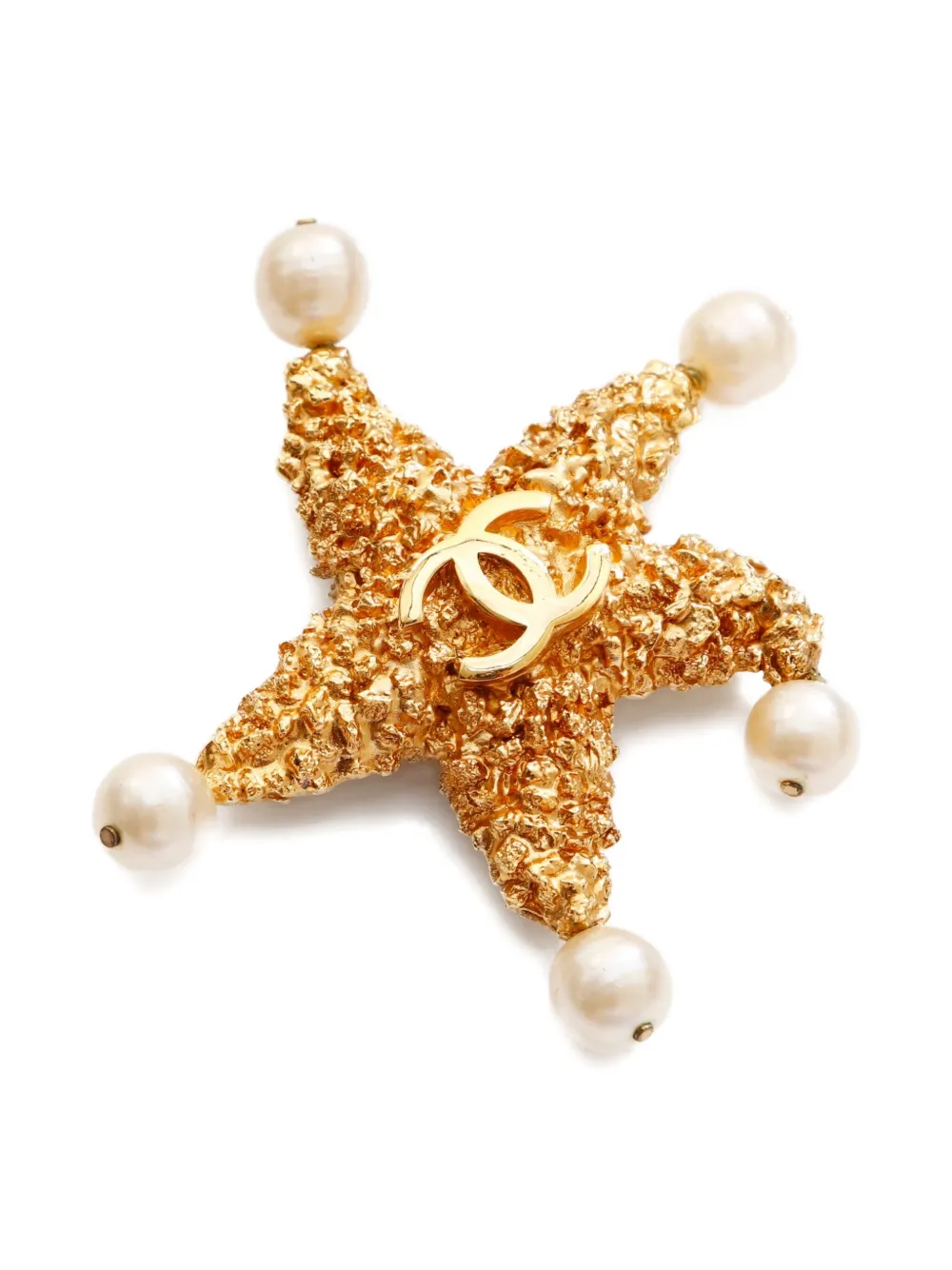 Pre-owned Chanel 1993 Starfish Logo-plaque Brooch In Gold