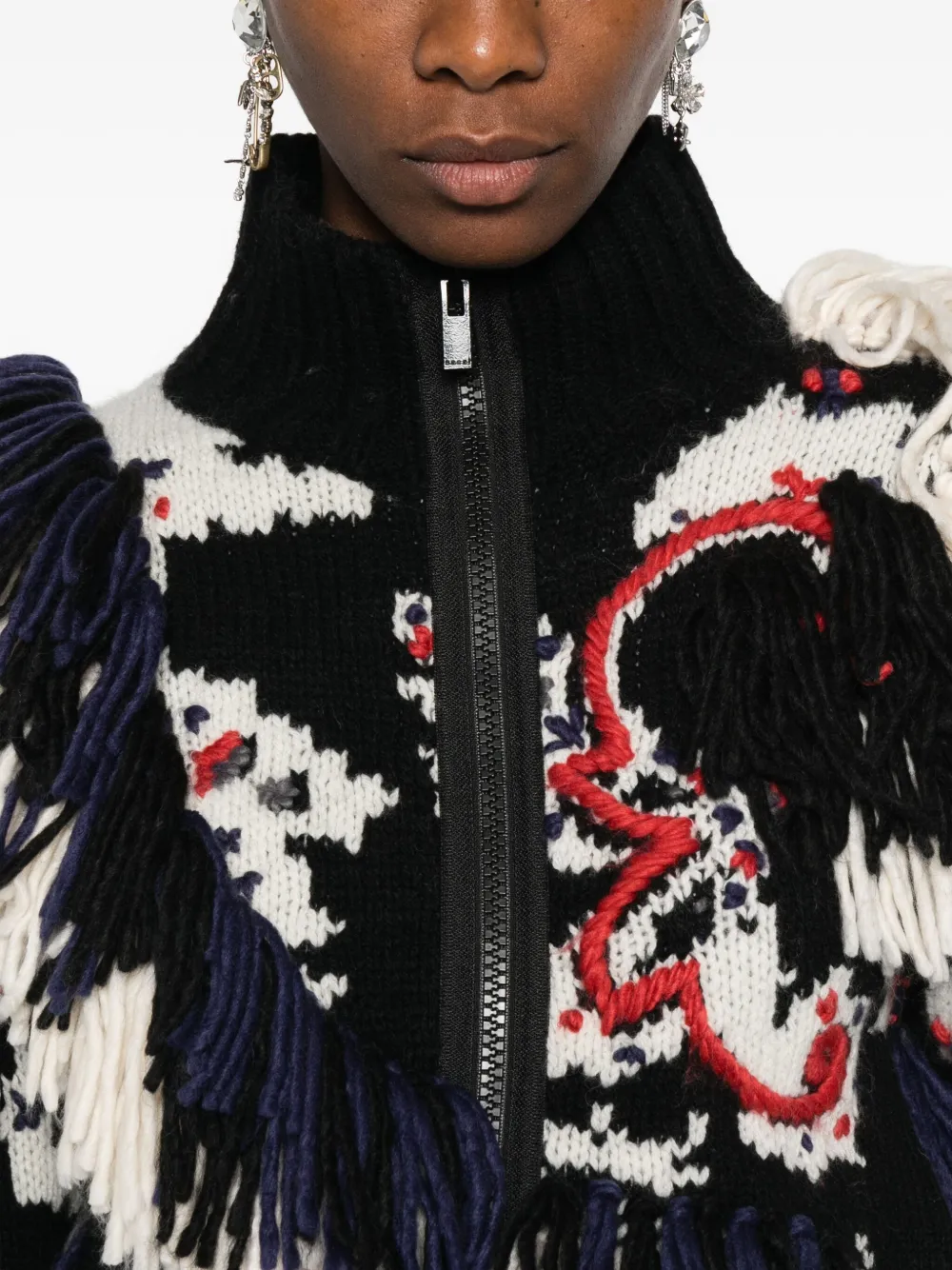 Sacai Fringe-trimmed Patterned Jacket In Multi