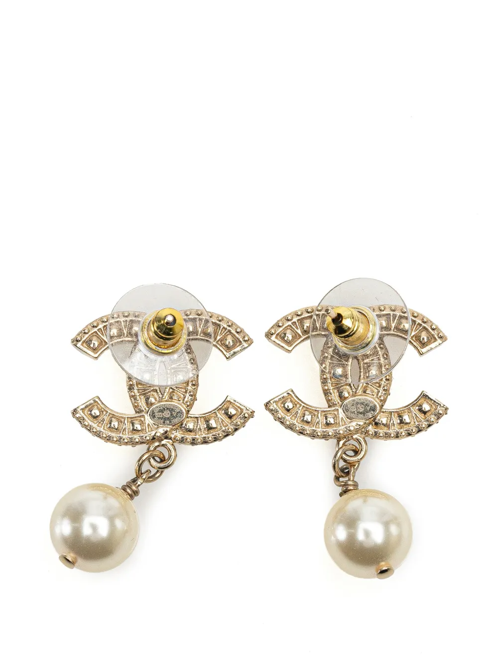 CHANEL Pre-Owned 2022 Gold Plated CC Rhinestones Pearl Drop Push Back Earrings costume earrings | Image 2