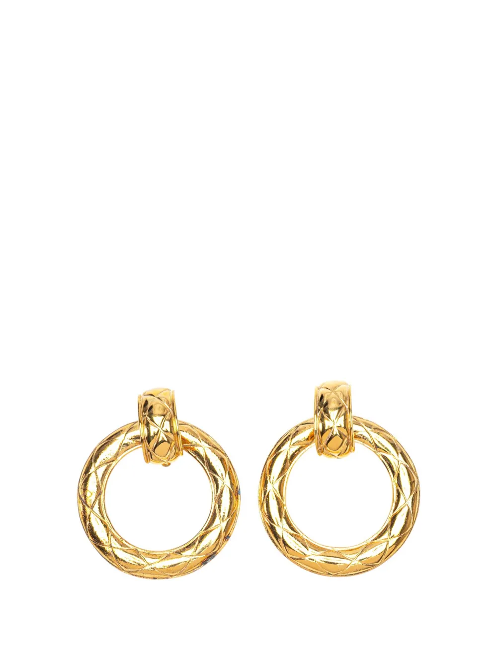 CHANEL Pre-Owned 1970-1980 Gold Plated Quilted Dangle Hoop Clip On Earrings costume earrings | Gold | Image 1