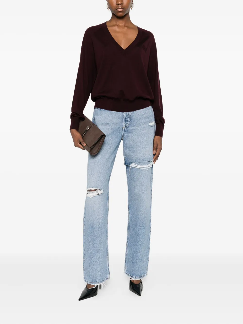 Elisabetta Franchi Wool Blend Tricot V-neck Sweater Clothing In Burgundy