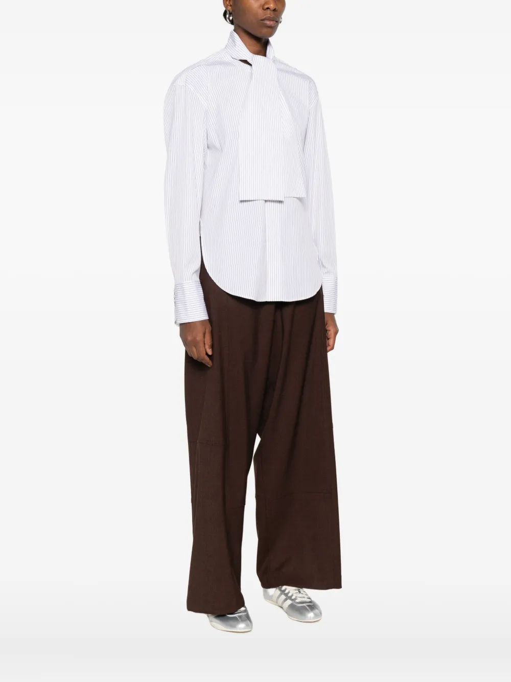 Plan C Pinstriped Tie-neck Shirt In White