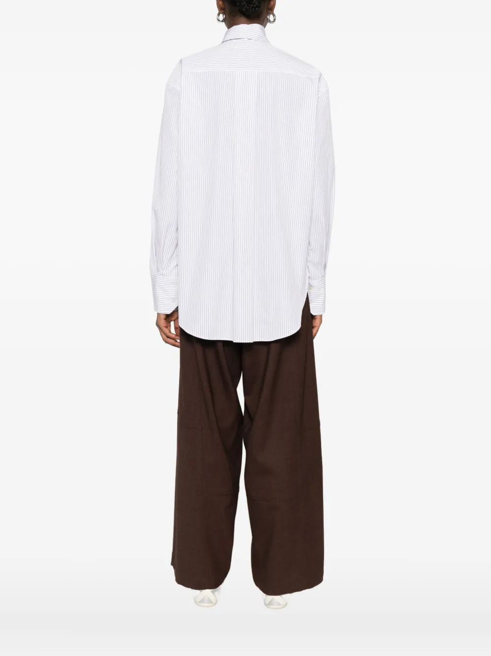 Plan C Pinstriped Tie-neck Shirt In White