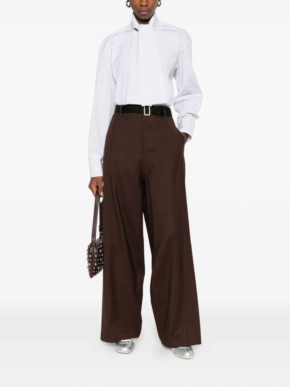 Plan C Blouse met krijtstreep en gestrikte hals - Wit
