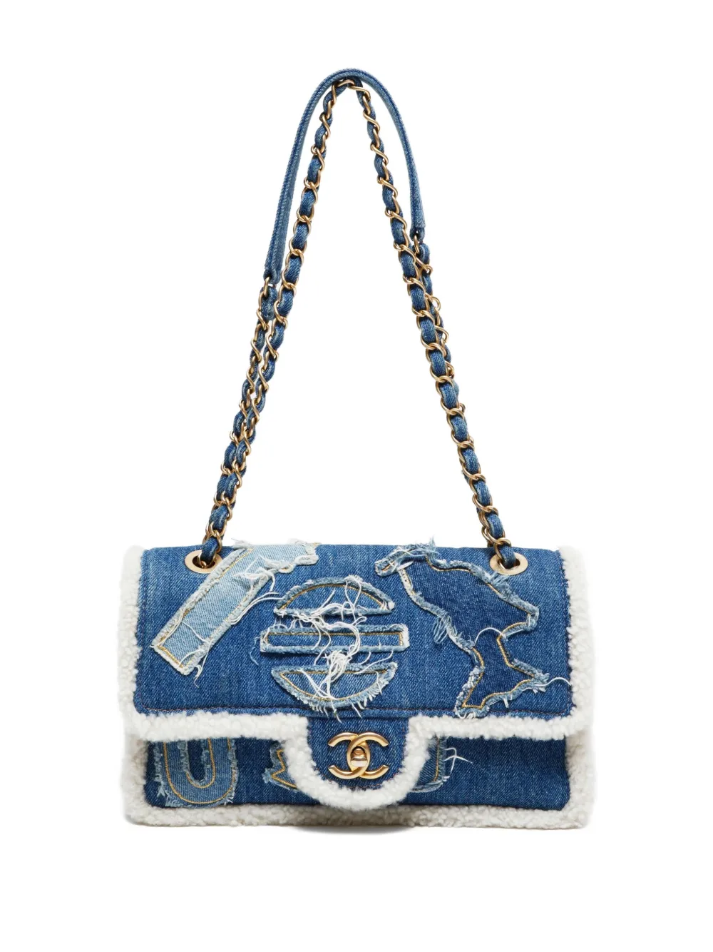 Pre-owned Chanel 2019 Medium Egypt Hieroglyph Denim Shoulder Bag In Blue