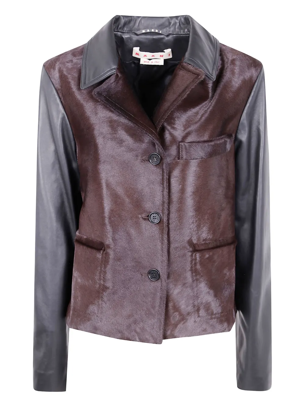 Marni Black Leather And Pony Hair Jacket In Brown