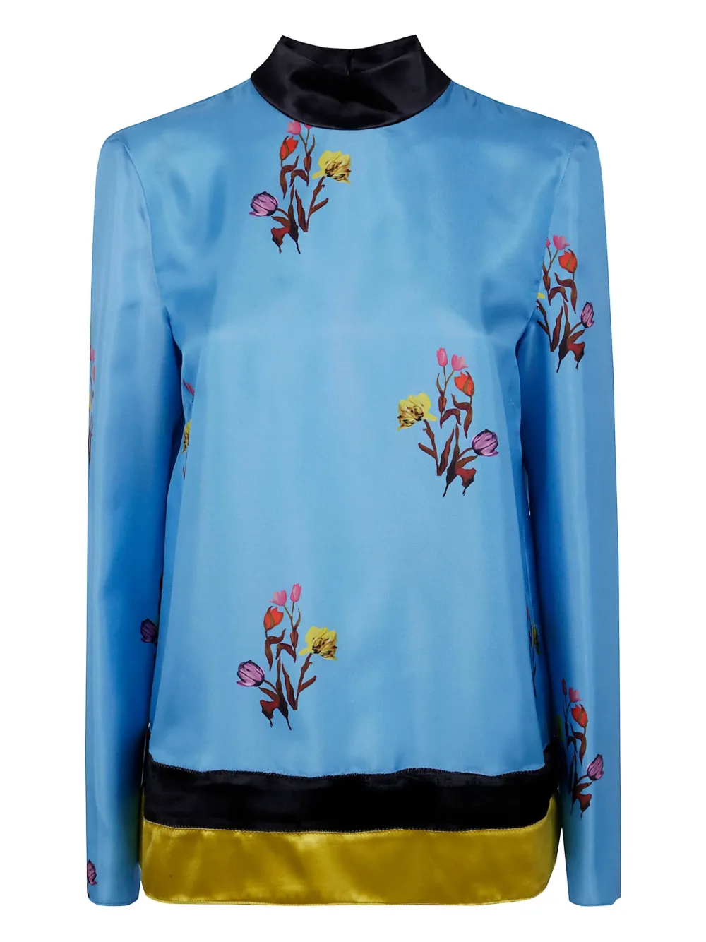 Marni Floral Satin Long Sleeve Top With Keyhole In Blue