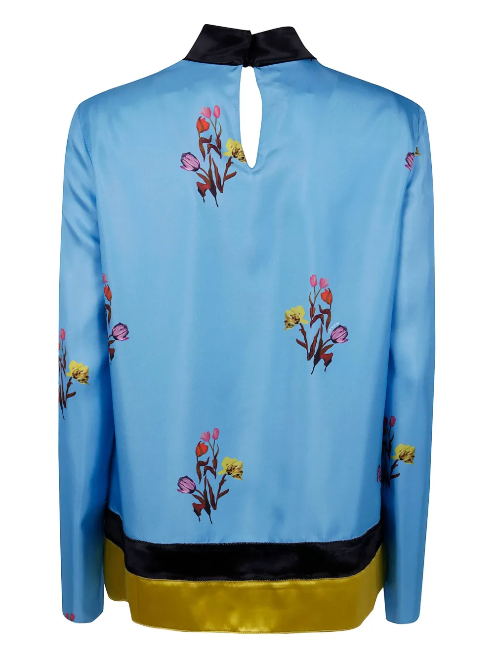 Marni Floral Satin Long Sleeve Top With Keyhole In Blue