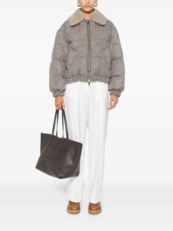 Brunello Cucinelli herringbone-pattern shearling-collar Jacket