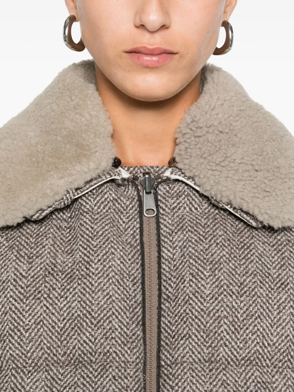 Brunello Cucinelli Herringbone-pattern Shearling-collar Jacket In Gray