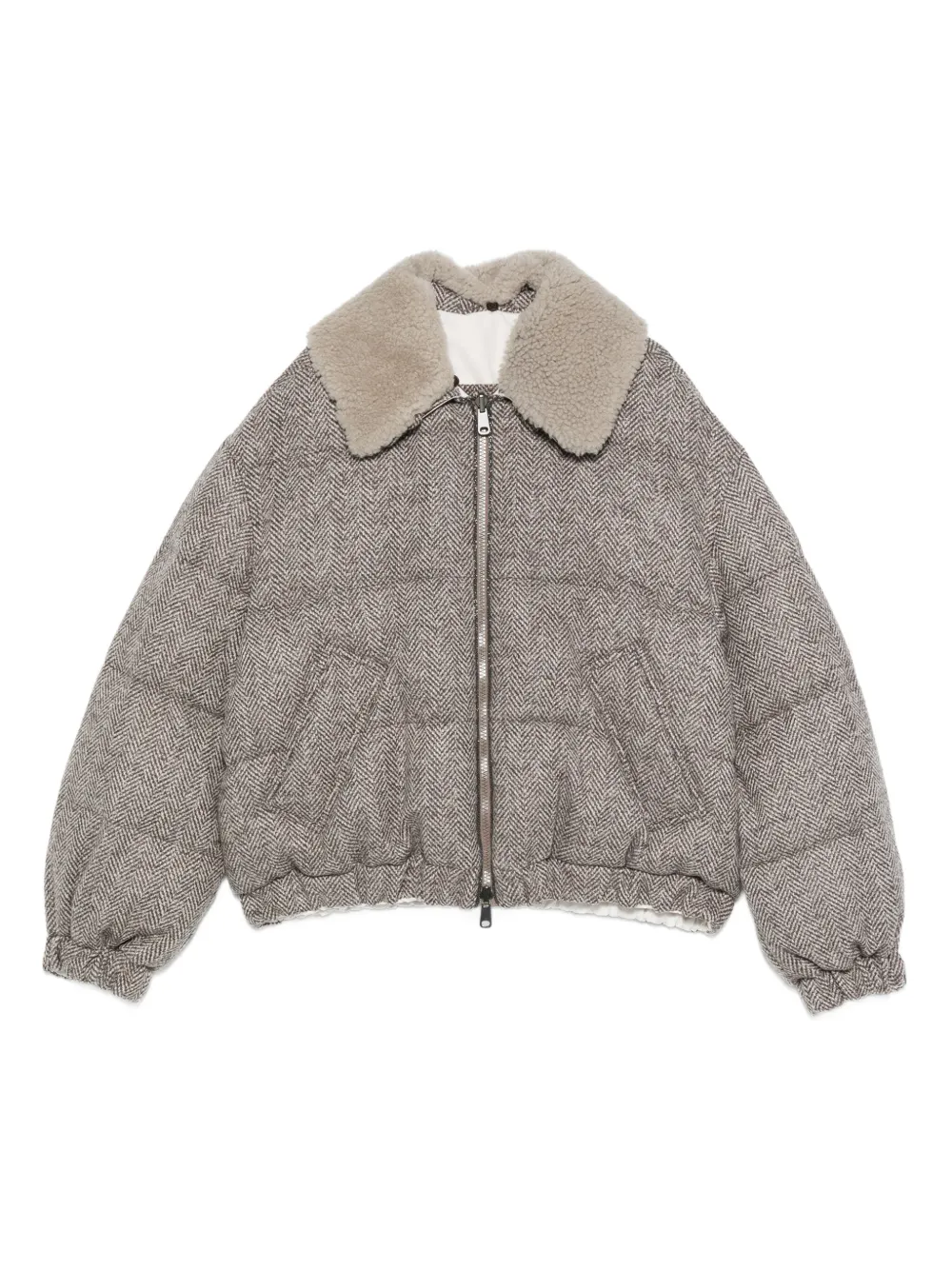 Brunello Cucinelli herringbone-pattern shearling-collar jacket | Grey | Image 1