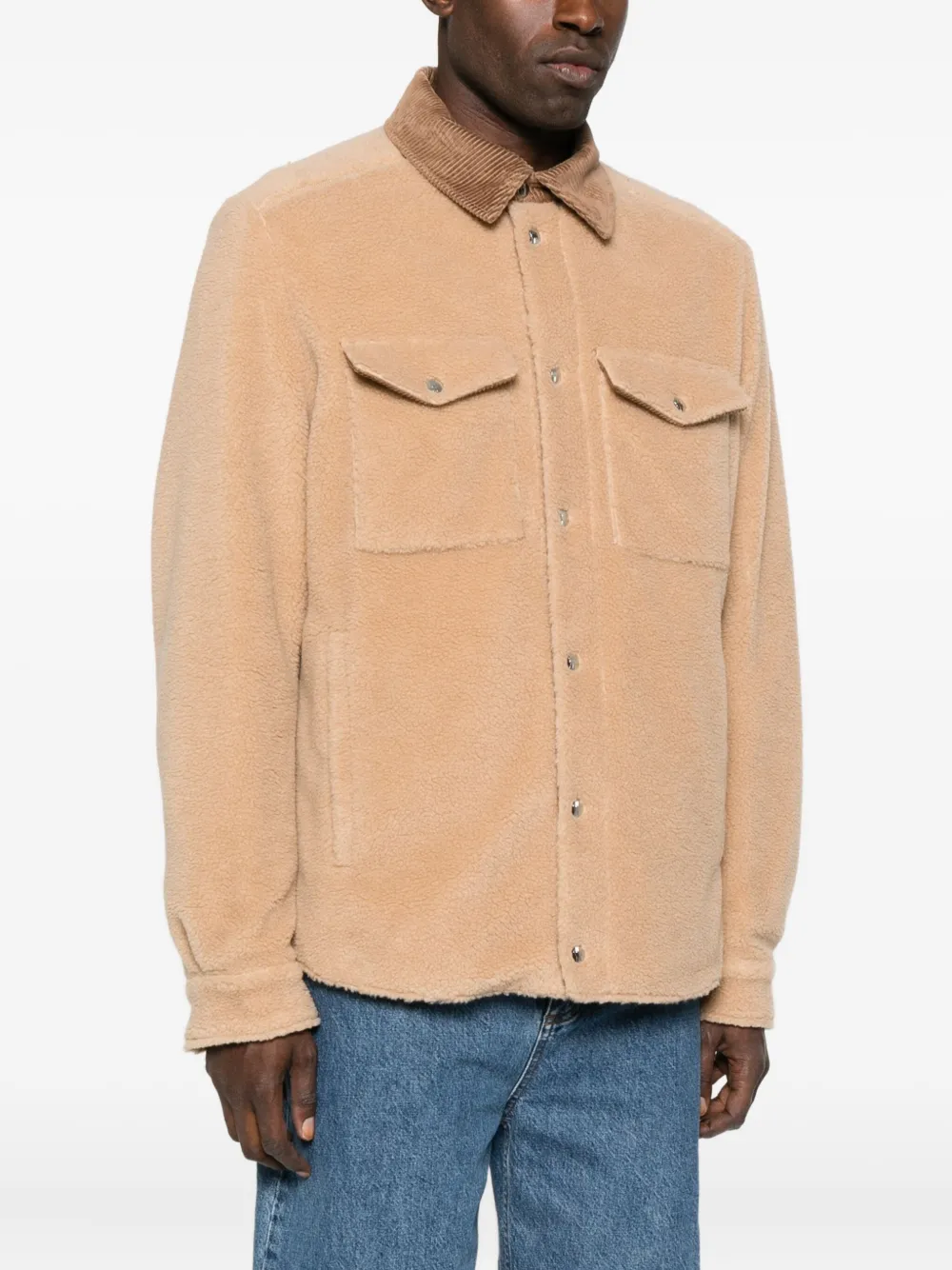 Moncler Corduroy-collar Fleece Overshirt In Brown