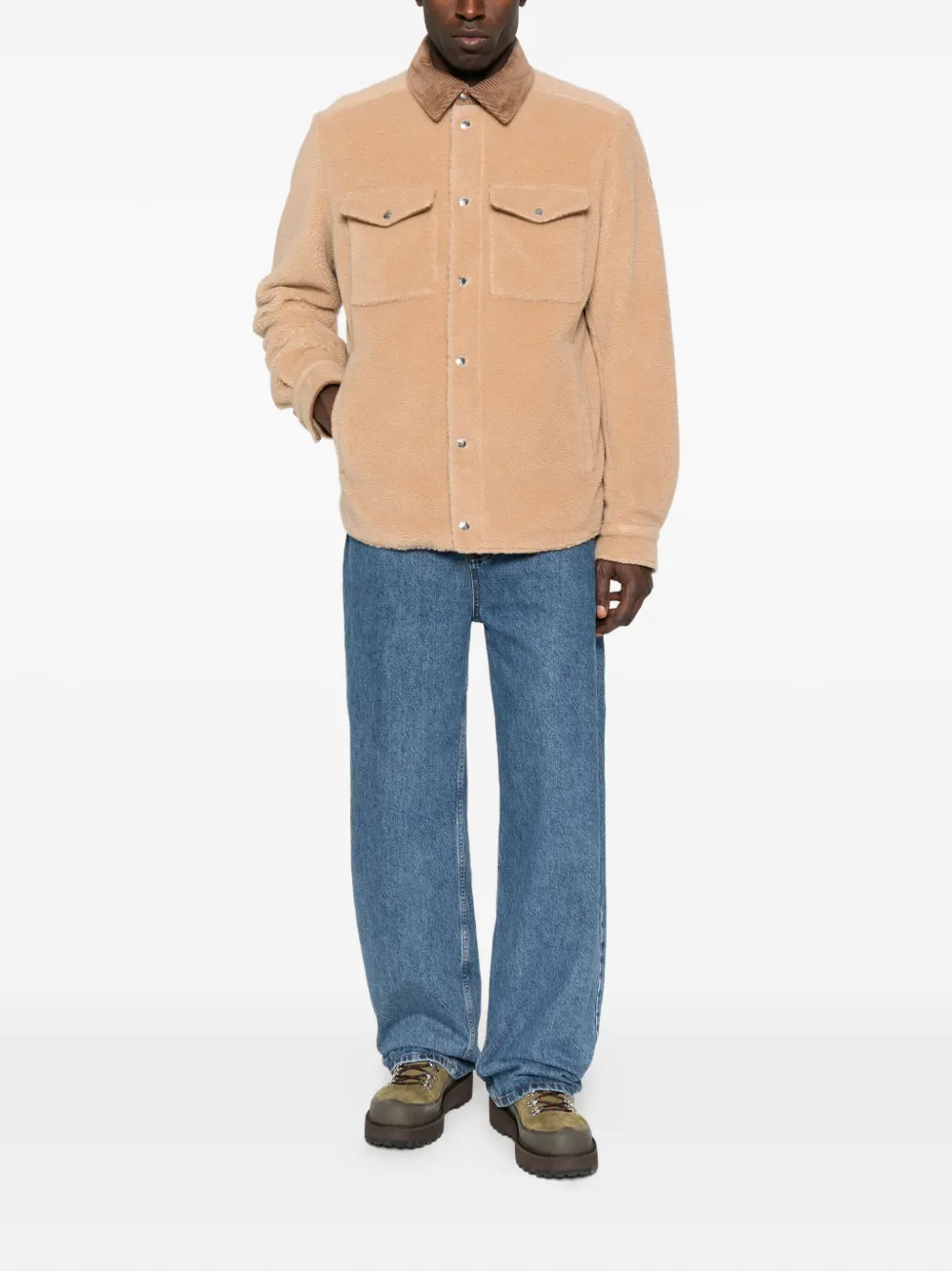 Moncler Corduroy-collar Fleece Overshirt In Brown