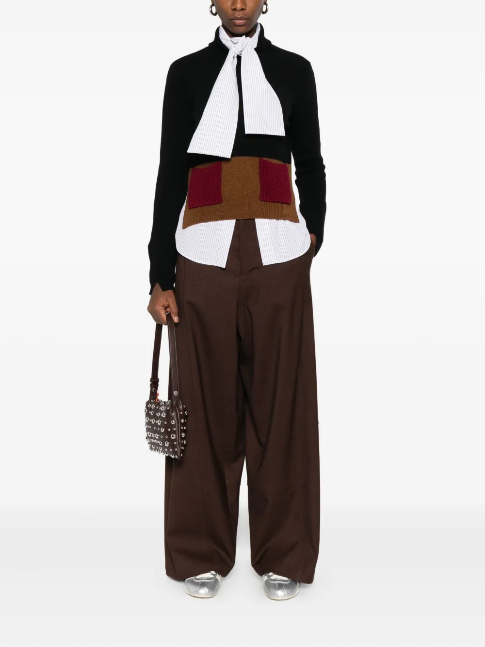 Plan C Broek met ceintuur en vlakken - Bruin