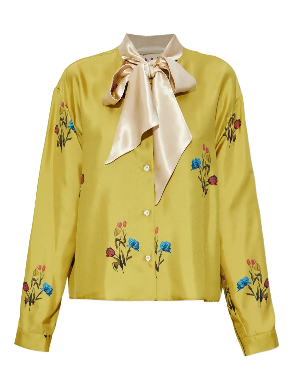 Marni Yellow Silk Twill Shirt With Tulip Print In Yellow