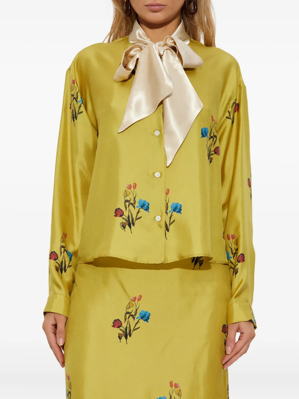 Marni Yellow Silk Twill Shirt With Tulip Print In Yellow