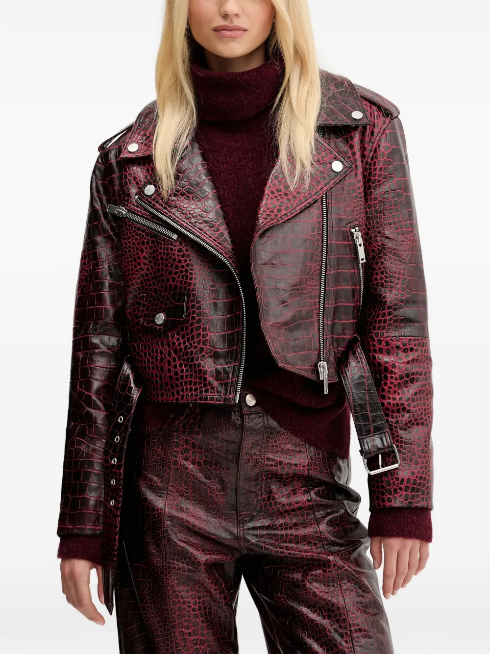 Gestuz crocodile-effect biker jacket - Rosso