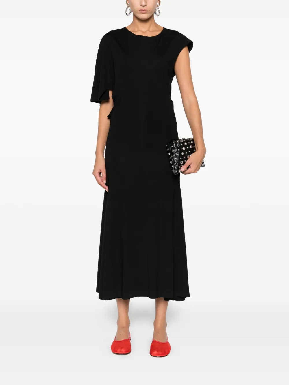 Hamza Asymmetric-neckline Flared Dress In Black
