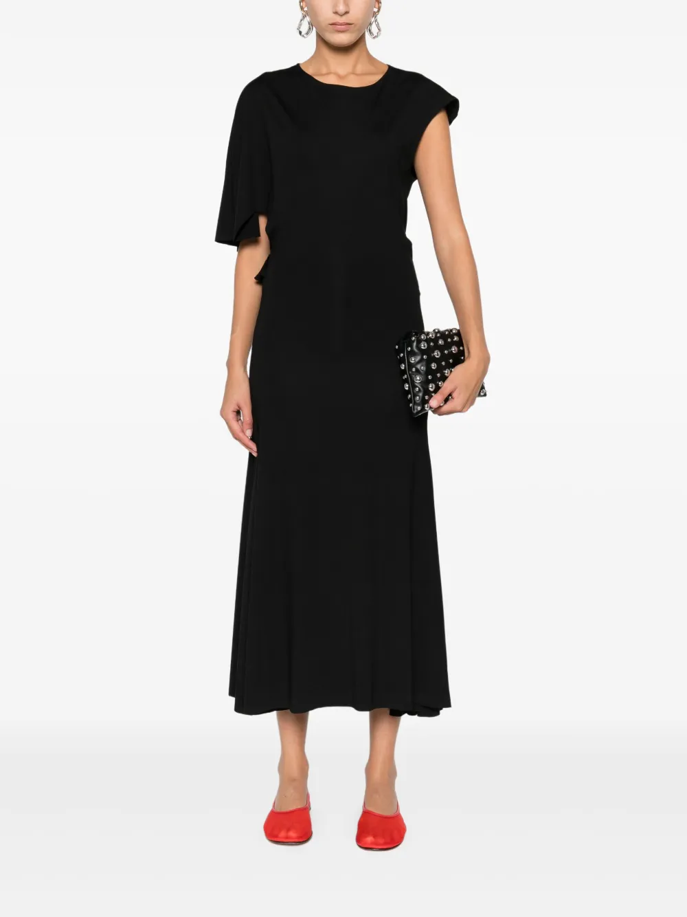 HAMZA asymmetric-neckline flared dress - Zwart