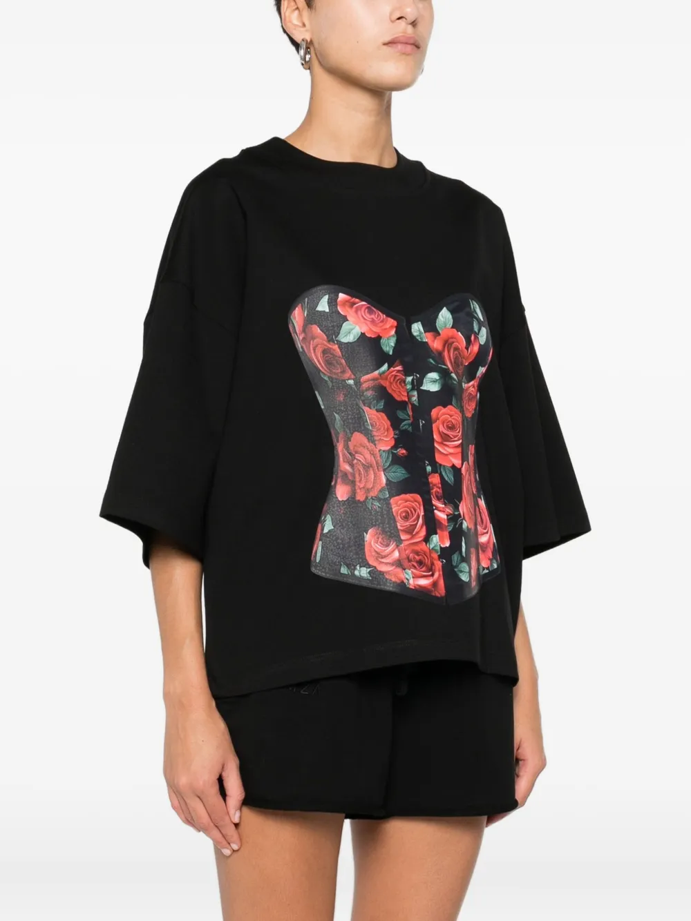 Hamza Rose-print Corset T-shirt In Black