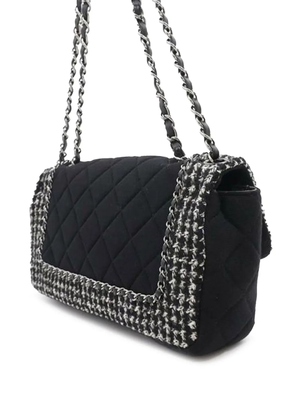 Pre-owned Chanel 2014-2015 Medium Quilted Jersey And Tweed Chain Flap Shoulder Bag In Black