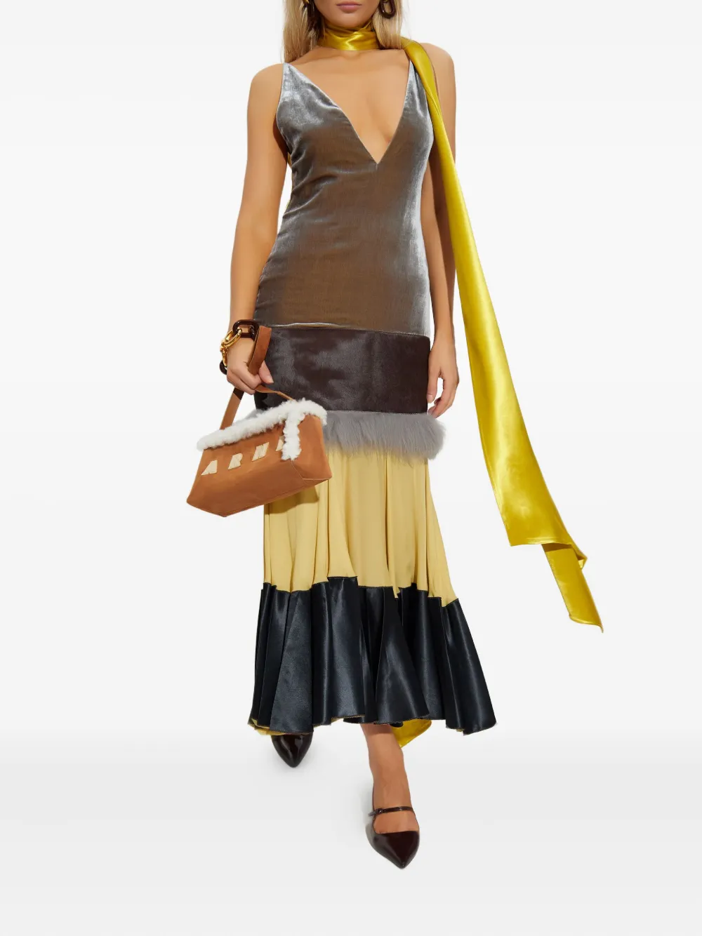 Marni velvet-paneled fur-trimmed dress - Bruin