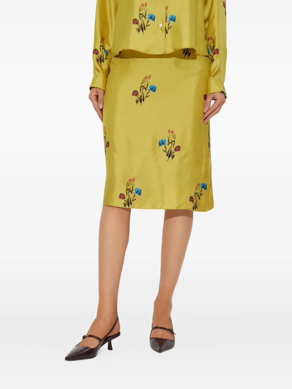 Marni Tulip Print Pleated Silk Twill Midi Skirt In Green