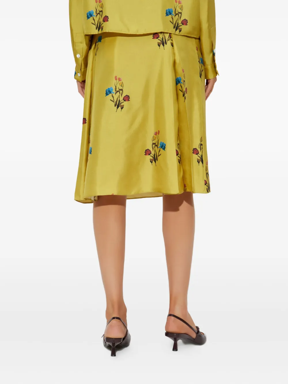 Marni Tulip Print Pleated Silk Twill Midi Skirt In Green