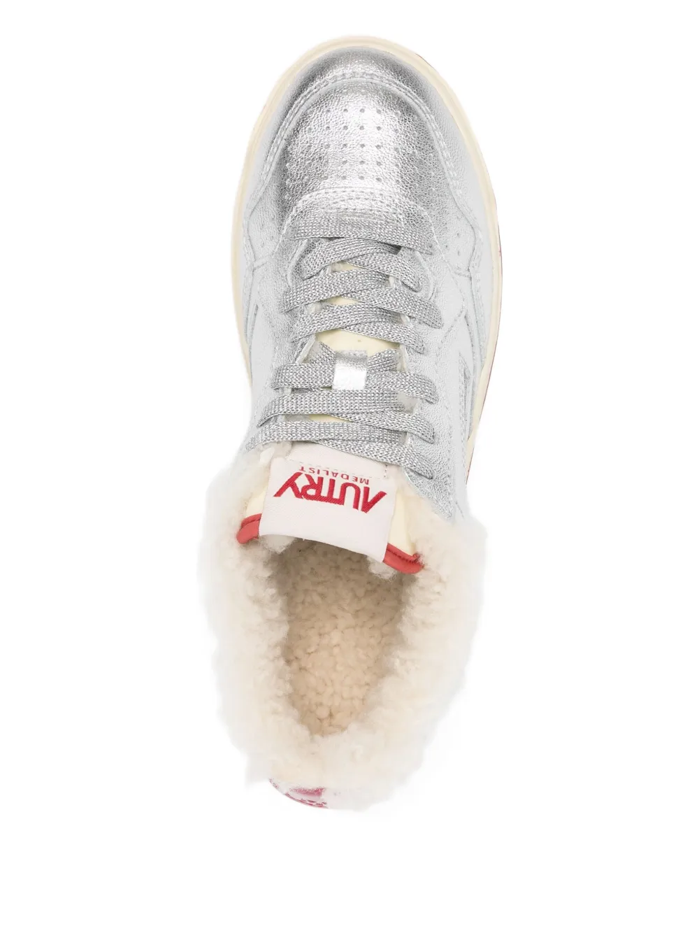 Autry Metallic Leather Shearling Trainers In Silver
