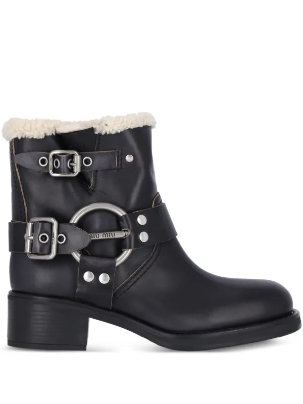 Miu Miu 50mm Shearling Biker Boots Black FARFETCH LB