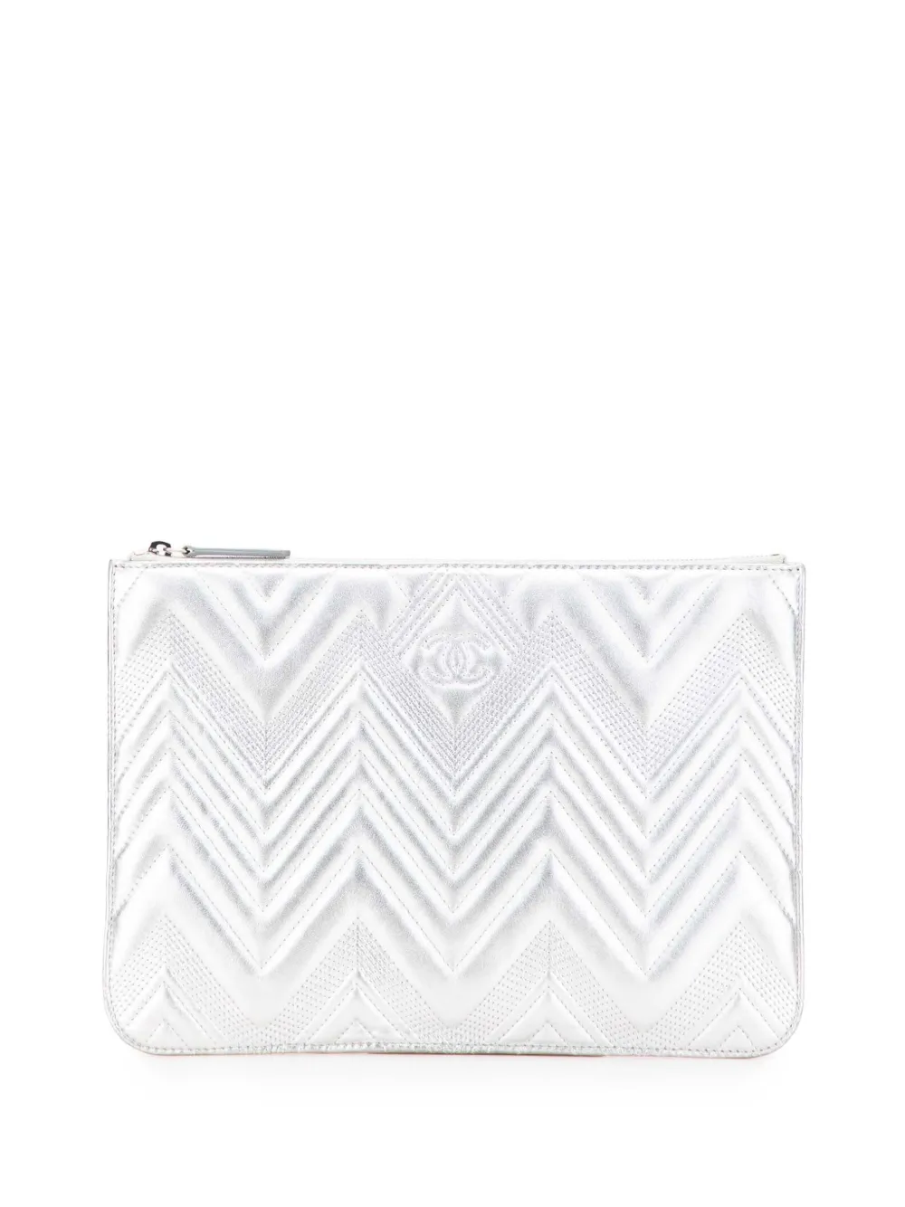 CHANEL Pre-Owned 2016-2017 Medium Metallic Chevron Calfskin O Case clutch bag | Silver | Image 1
