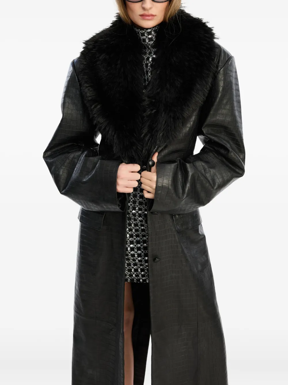 Rotate Birger Christensen Faux Fur-collar Leather Coat In Black