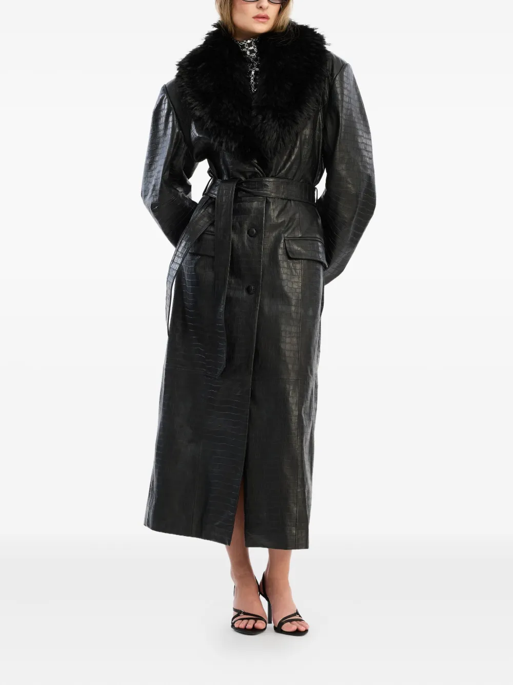Rotate Birger Christensen Faux Fur-collar Leather Coat In Black